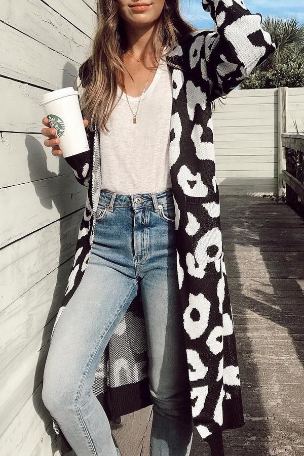 Leopard Print Long Sweater Coat - Pavacat