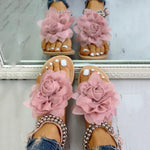 Mesh Floral Embellished Beaded Flat Sandals - Pavacat