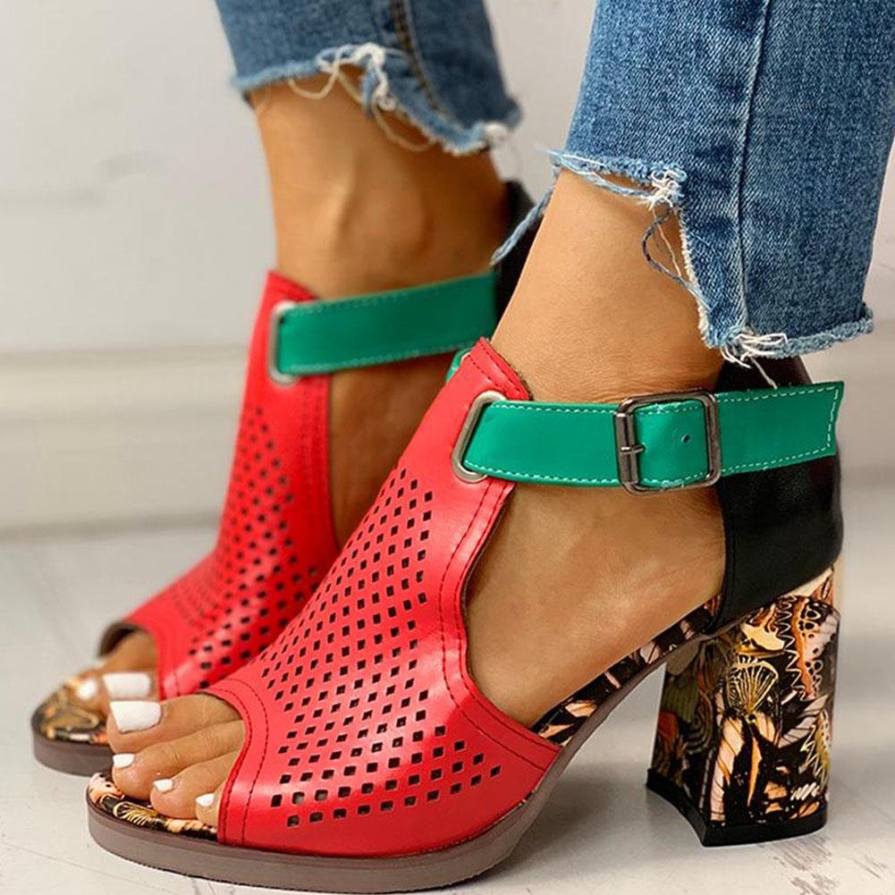 Party Print Block High Heels Sandals - Pavacat