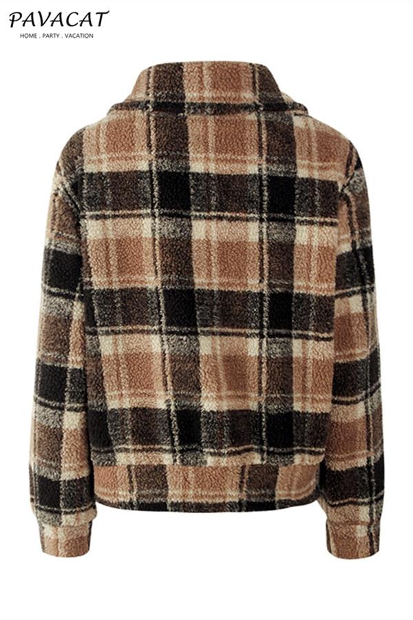 Plaid Faux Fur Cropped Biker Down Jacket Coat Simplee