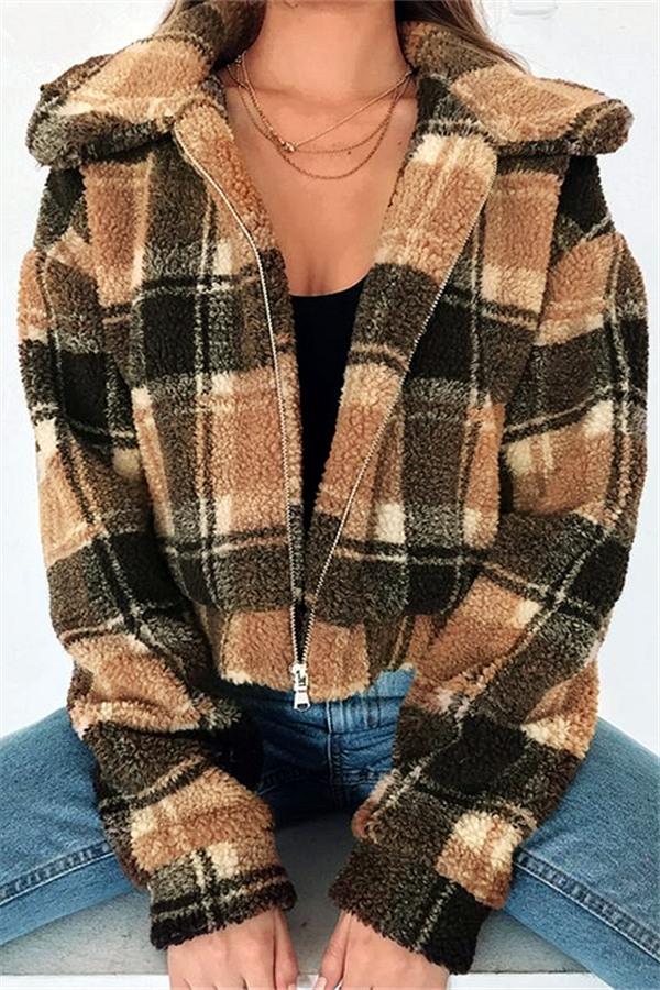 Plaid Faux Fur Cropped Biker Down Jacket Coat Simplee