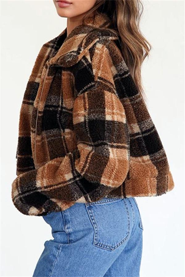 Plaid Faux Fur Cropped Biker Down Jacket Coat Simplee