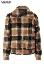 Plaid Faux Fur Cropped Biker Down Jacket Coat Simplee