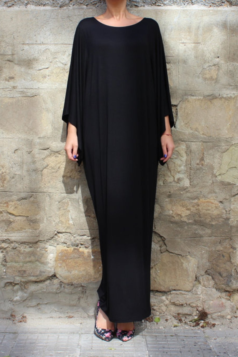 Plain Batwing Sleeve Elastic Waist Dress - Pavacat