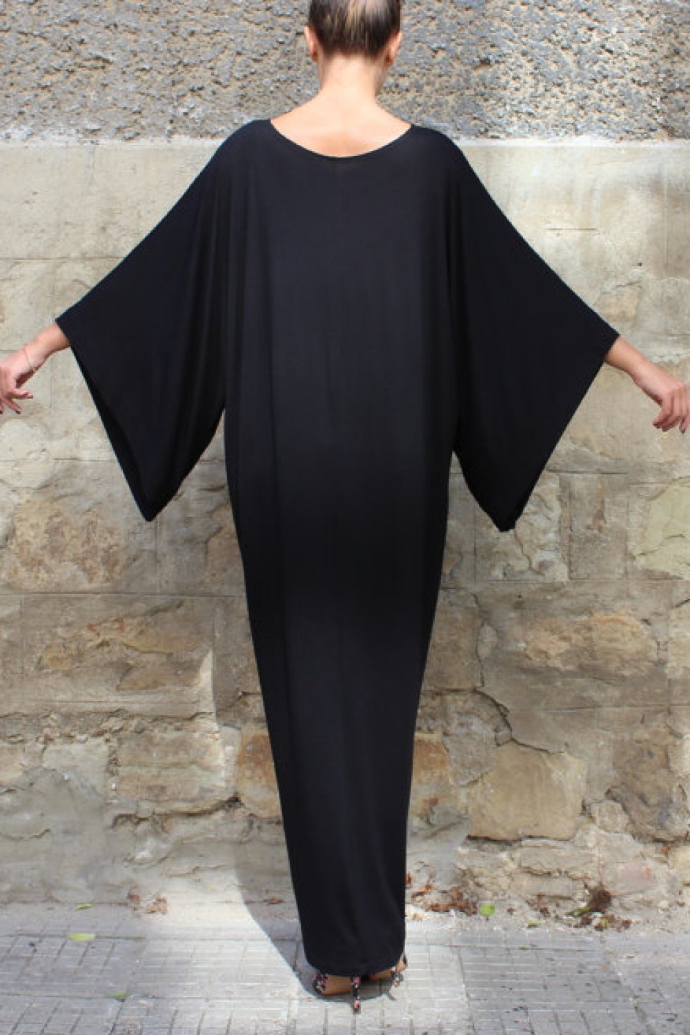 Plain Batwing Sleeve Elastic Waist Dress - Pavacat