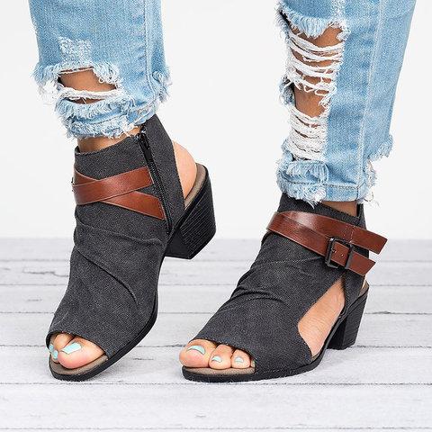 Plus Size Sandals Canvas Peep Toe Zipper Sandals - Pavacat