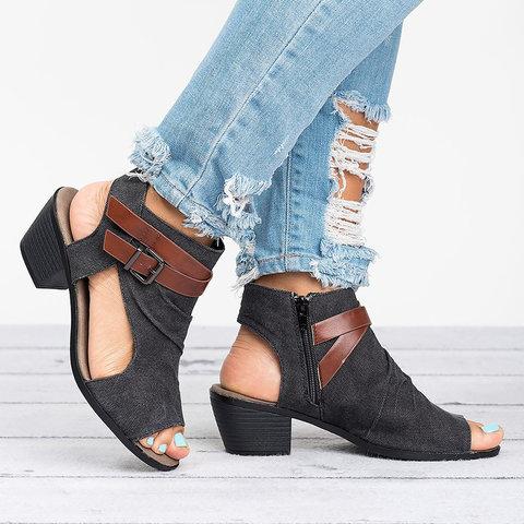 Plus Size Sandals Canvas Peep Toe Zipper Sandals - Pavacat
