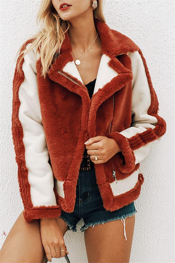 Plush Faux Fur Zipper Jacket Coat Simplee S Red