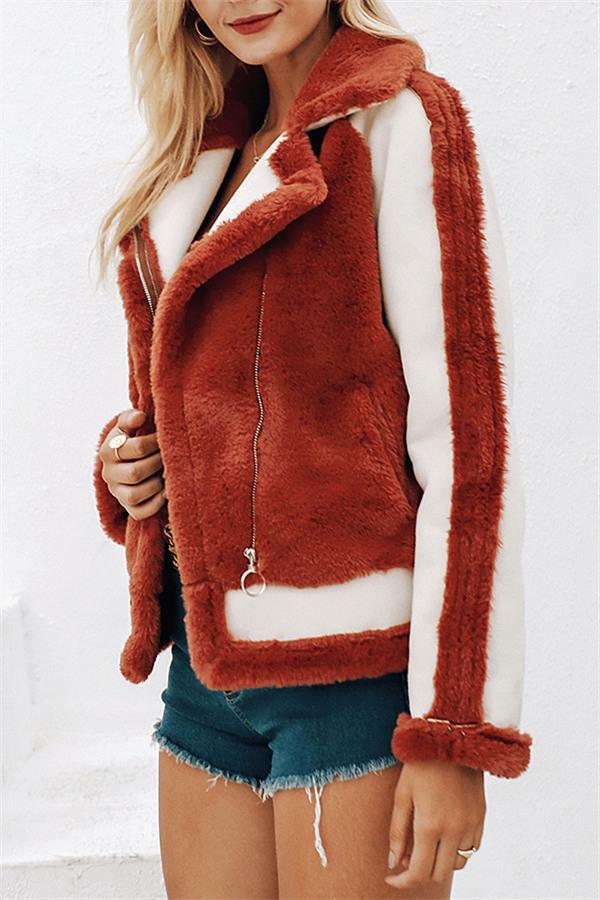 Plush Faux Fur Zipper Jacket - Red Coat Simplee