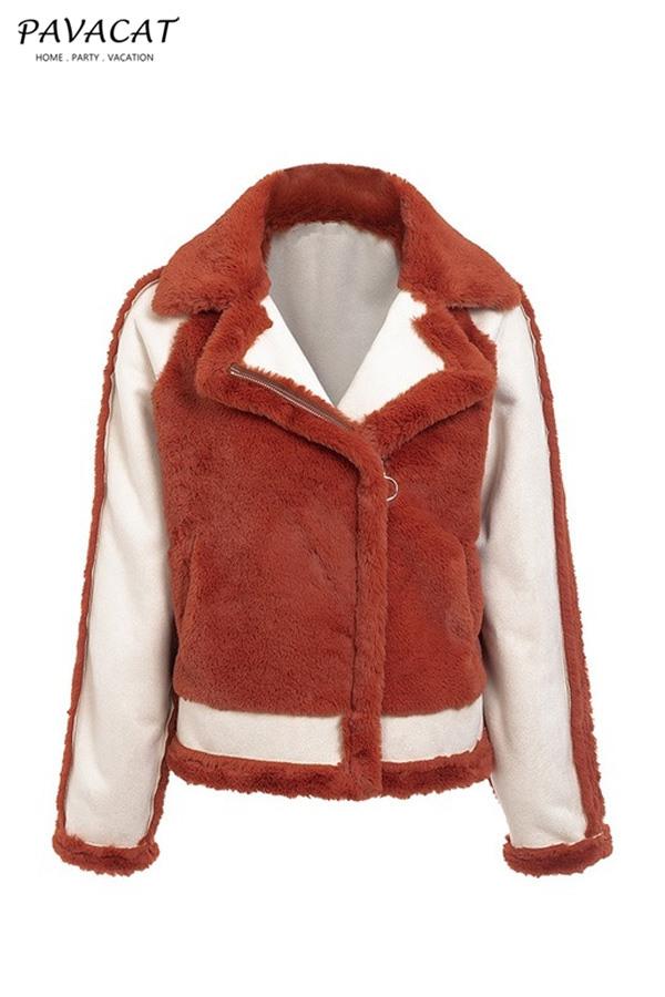 Plush Faux Fur Zipper Jacket - Red Coat Simplee