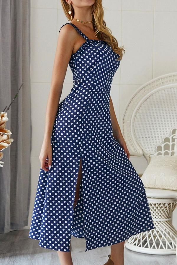 Polka Dot Sleevleess Slit Dress - Pavacat