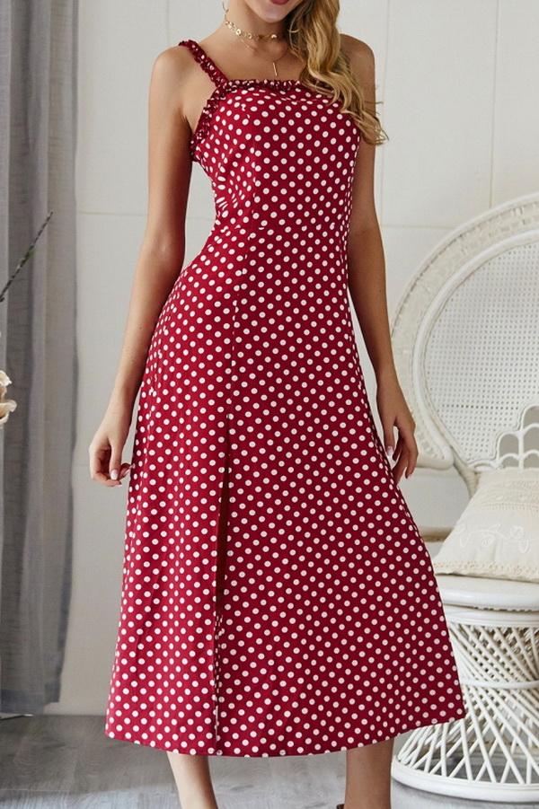 Polka Dot Sleevleess Slit Dress - Pavacat
