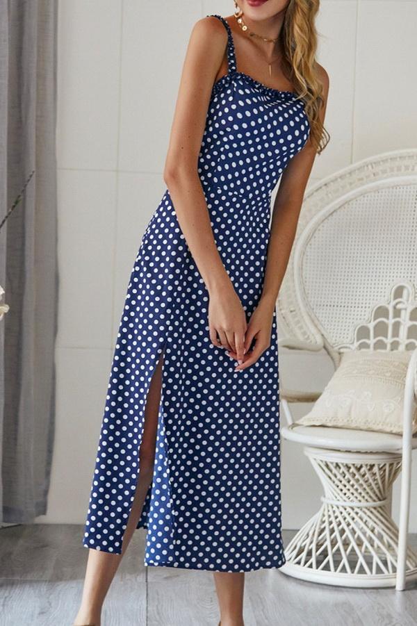 Polka Dot Sleevleess Slit Dress - Pavacat