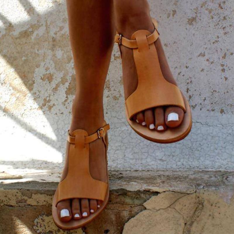 Solid Color Buckle Open Toe Flat Sandals - Pavacat