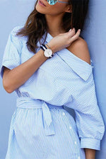 Split Half Sleeve Striped Shirt Dress - Pavacat