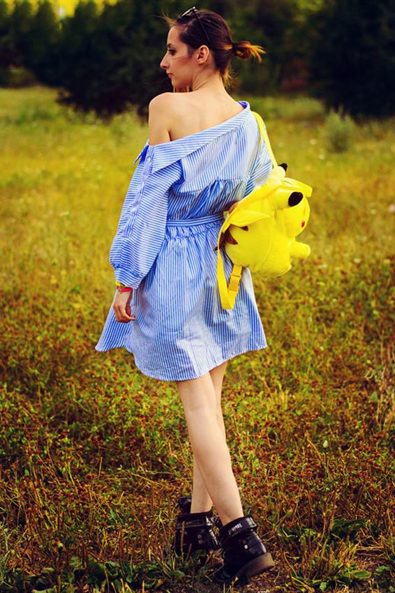 Split Half Sleeve Striped Shirt Dress - Pavacat