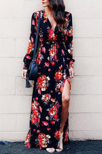 Stylish Floral Print Deep V Neck Maxi Dress Dress chicnico S Lightgray