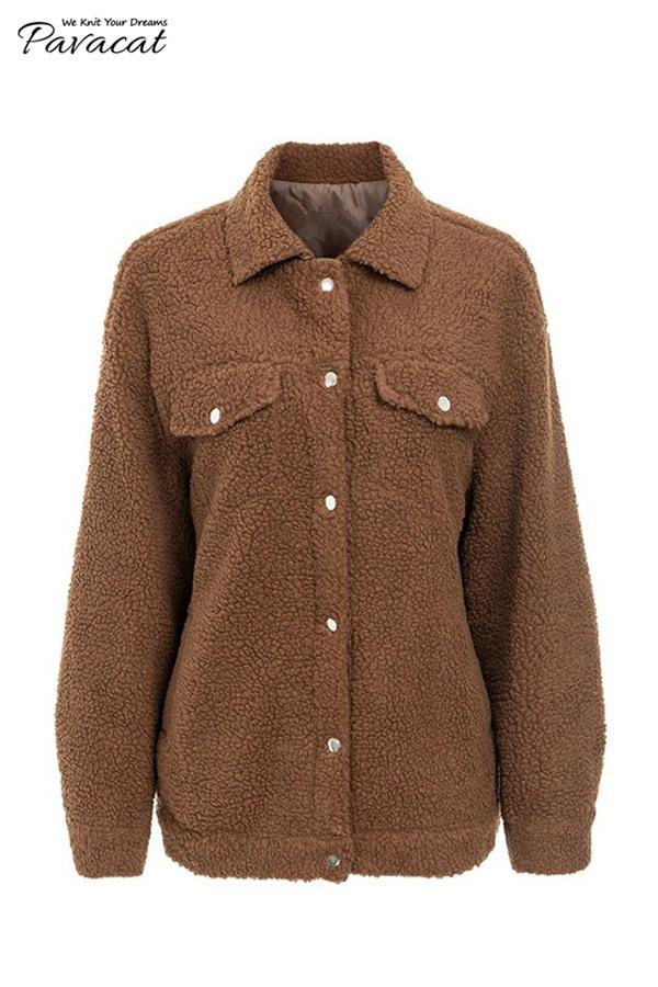 Trendy Furry Lamb Wool Fur Coat - Pink Coat Simplee S Brown