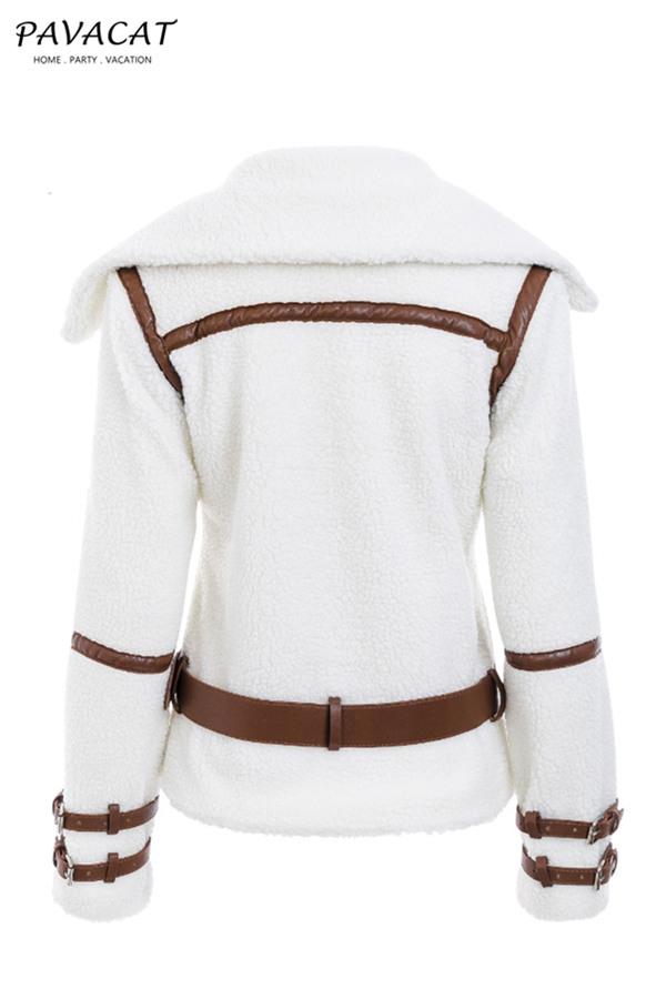 Turndown Collar Parka Sash Shaggy Jacket Coat Pavacat