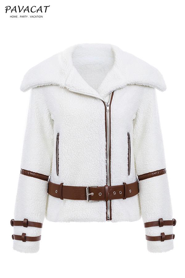 Turndown Collar Parka Sash Shaggy Jacket Coat Pavacat
