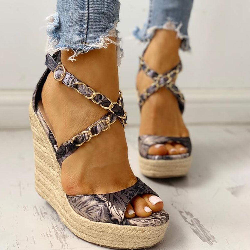 Twine Woven Floral Cross-Strap Wedges Sandals - Pavacat