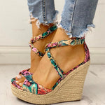 Twine Woven Floral Cross-Strap Wedges Sandals - Pavacat