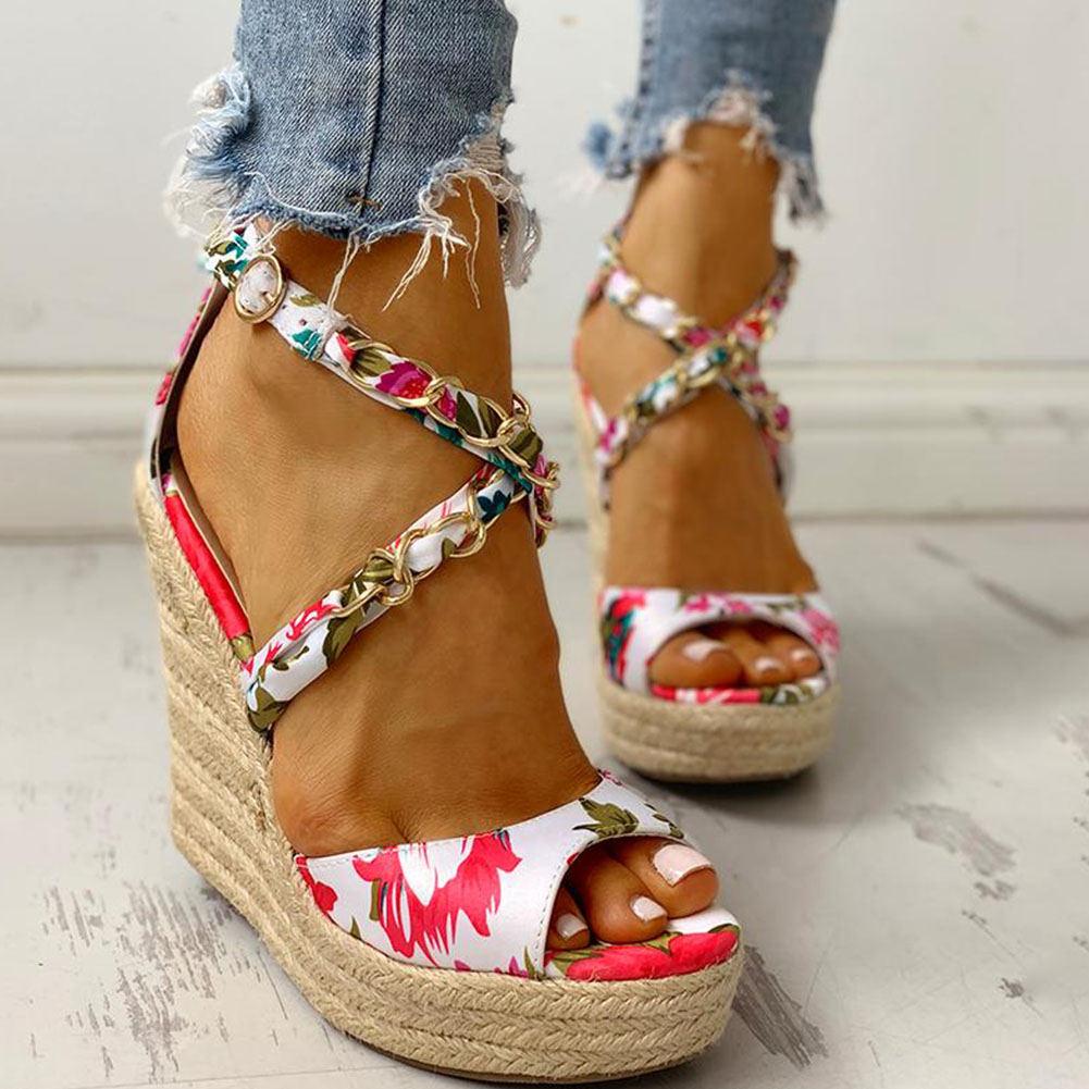 Twine Woven Floral Cross-Strap Wedges Sandals - Pavacat