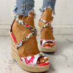 Twine Woven Floral Cross-Strap Wedges Sandals - Pavacat