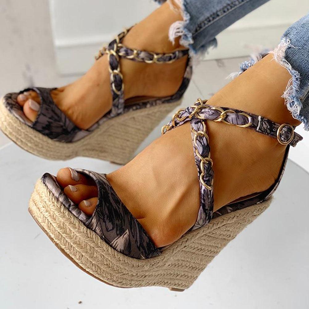 Twine Woven Floral Cross-Strap Wedges Sandals - Pavacat