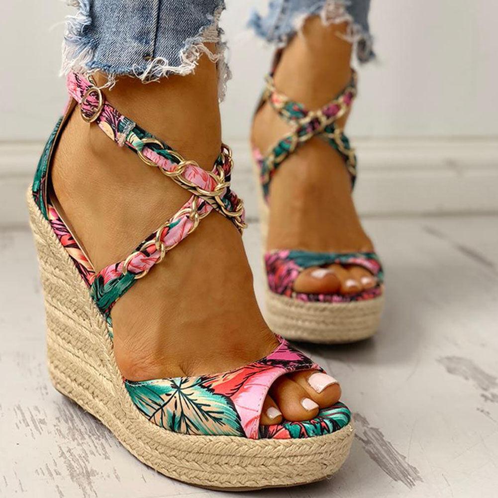 Twine Woven Floral Cross-Strap Wedges Sandals - Pavacat