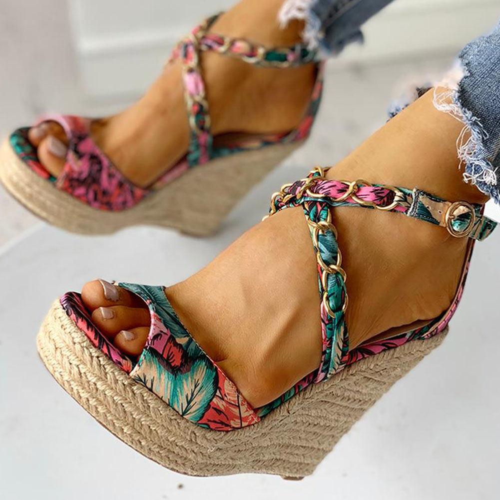Twine Woven Floral Cross-Strap Wedges Sandals - Pavacat