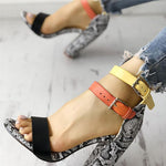 Two-color Buckles Snake Print Peep Toe Sandals - Pavacat
