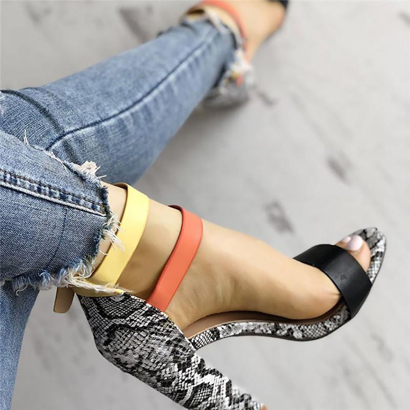 Two-color Buckles Snake Print Peep Toe Sandals - Pavacat