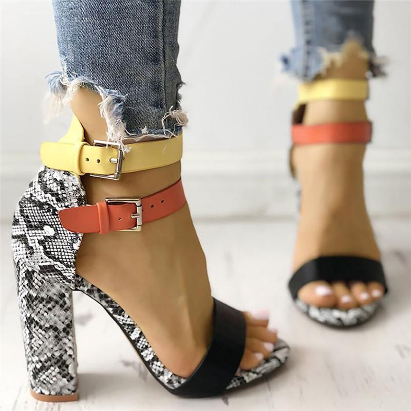 Two-color Buckles Snake Print Peep Toe Sandals - Pavacat