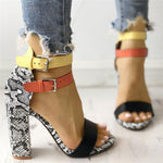 Two-color Buckles Snake Print Peep Toe Sandals - Pavacat
