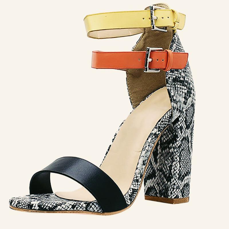 Two-color Buckles Snake Print Peep Toe Sandals - Pavacat