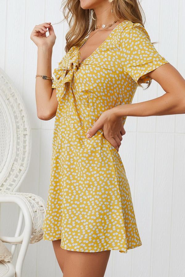 V Neck Bowknot Short-sleeved Dress - Pavacat
