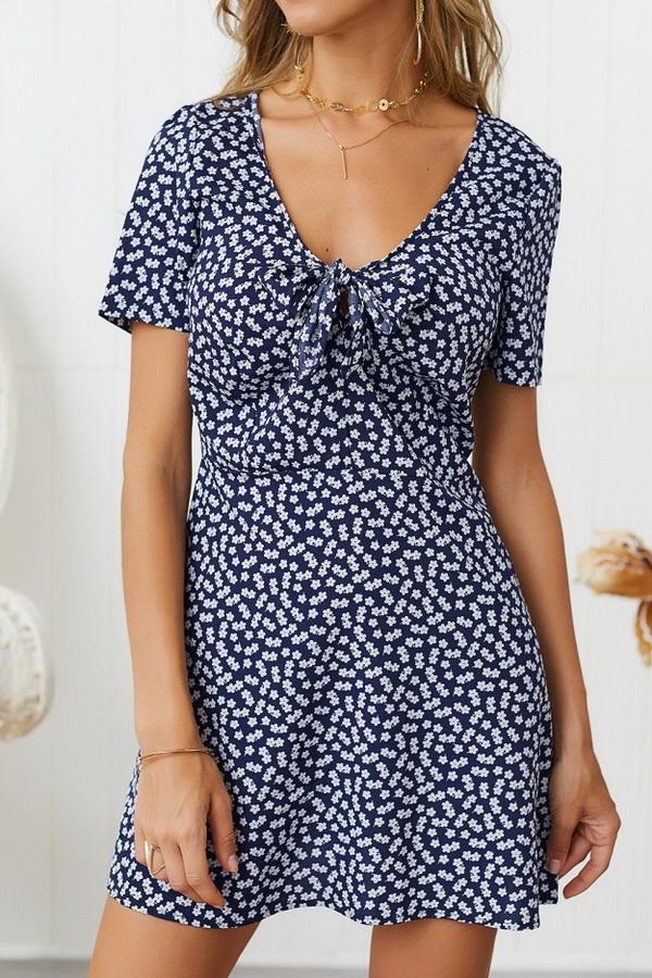 V Neck Bowknot Short-sleeved Dress - Pavacat