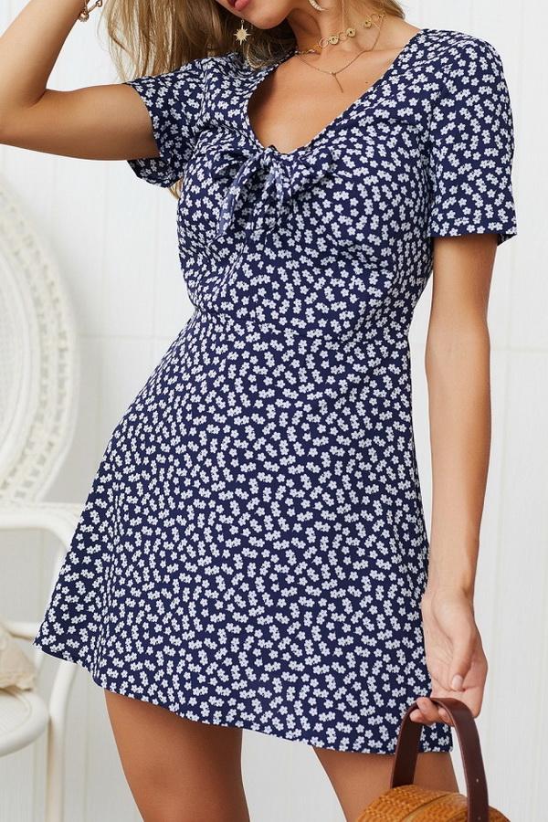 V Neck Bowknot Short-sleeved Dress - Pavacat