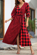 Vintage Plaid Wrap Knot Mid Dress - Pavacat
