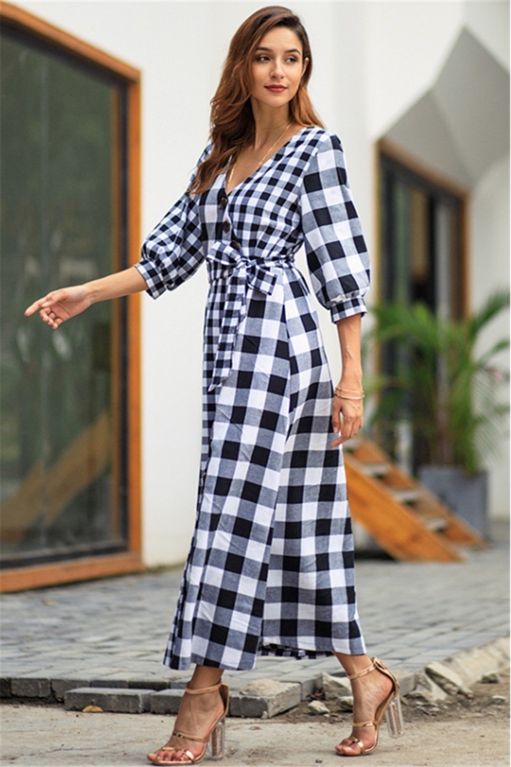 Vintage Plaid Wrap Knot Mid Dress - Pavacat