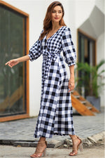 Vintage Plaid Wrap Knot Mid Dress - Pavacat