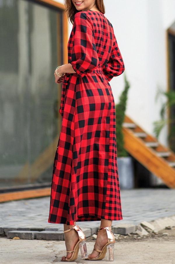 Vintage Plaid Wrap Knot Mid Dress - Pavacat