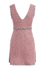 Vintage Tweed Sleeveless V Neck Tassel Dress - Pavacat