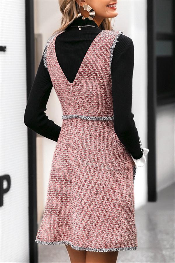 Vintage Tweed Sleeveless V Neck Tassel Dress - Pavacat