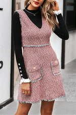 Vintage Tweed Sleeveless V Neck Tassel Dress - Pavacat