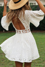 White backless hollow fringed lace dress