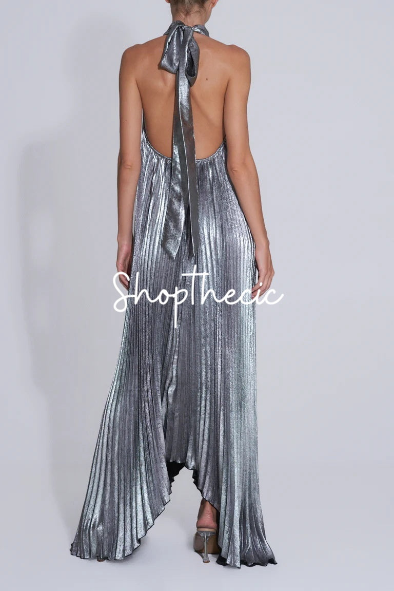 Silver sleeveless backless halter neck dress