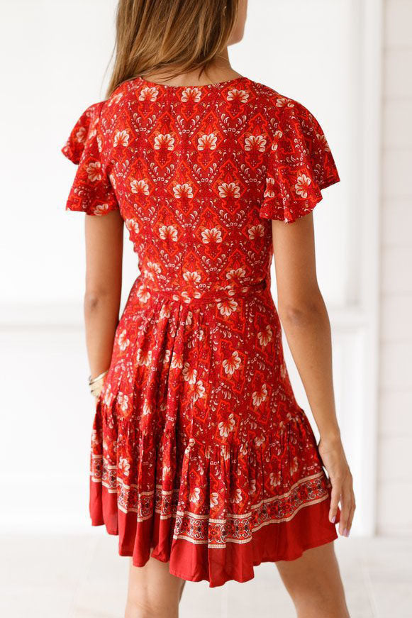 Ethnisches Mini-Bohemian-Kleid mit V-Ausschnitt