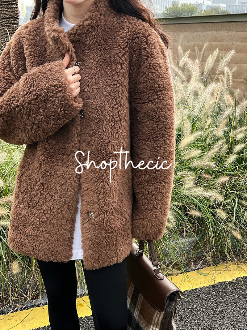 Merard stand-up collar mid-length lamb wool coat